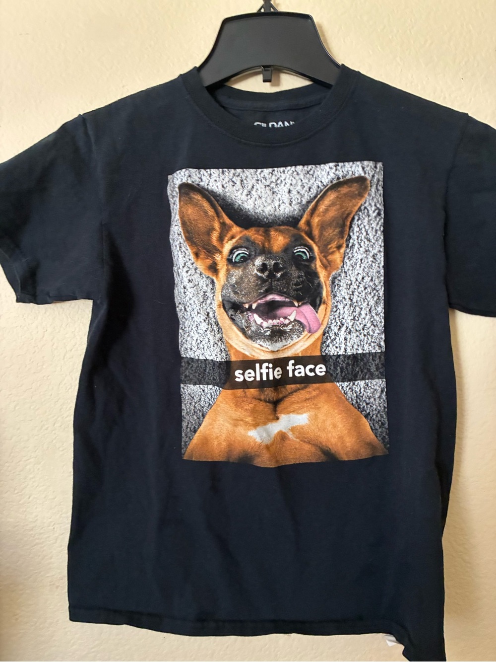 Gildan Black Tee with Playful Dog Selfie Graphic